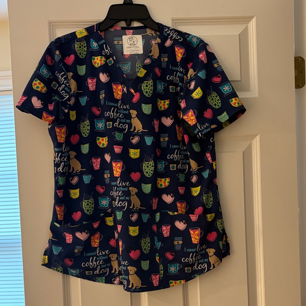 Coffee Cups and Pups  Printed Women's Scrub Top
